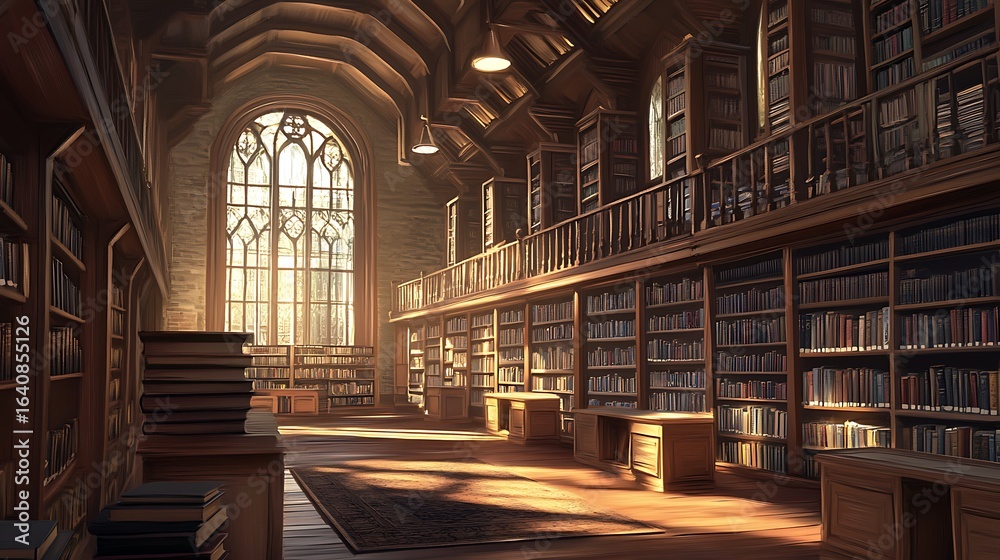 Fototapeta premium Grand library interior sunlight