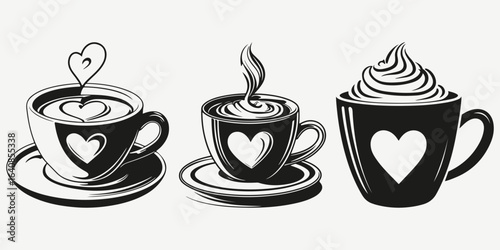 coffee cup with heart sketch illustration vector set