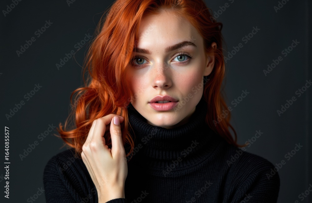 Fototapeta premium Woman with red hair wearing a black turtleneck looking directly at the camera