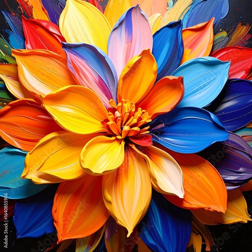 Vibrant abstract floral painting with thick, textured petals in a rainbow of colors on a dark background.