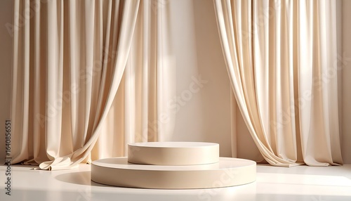 empty white podium stage with cream curtains