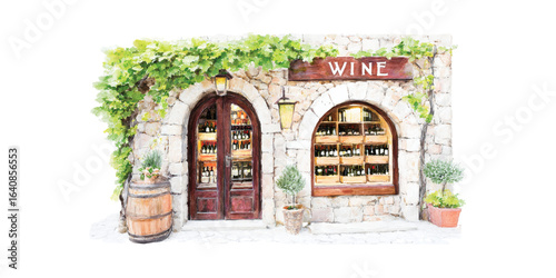 Charming Stone Wine Shop Facade With Greenery And Barrel. Rustic Vineyard Aesthetic Watercolor Illustration Isolated On Transparent Background