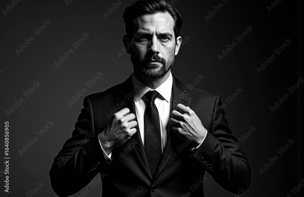 Fototapeta premium Confident man adjusting suit in black and white studio portrait