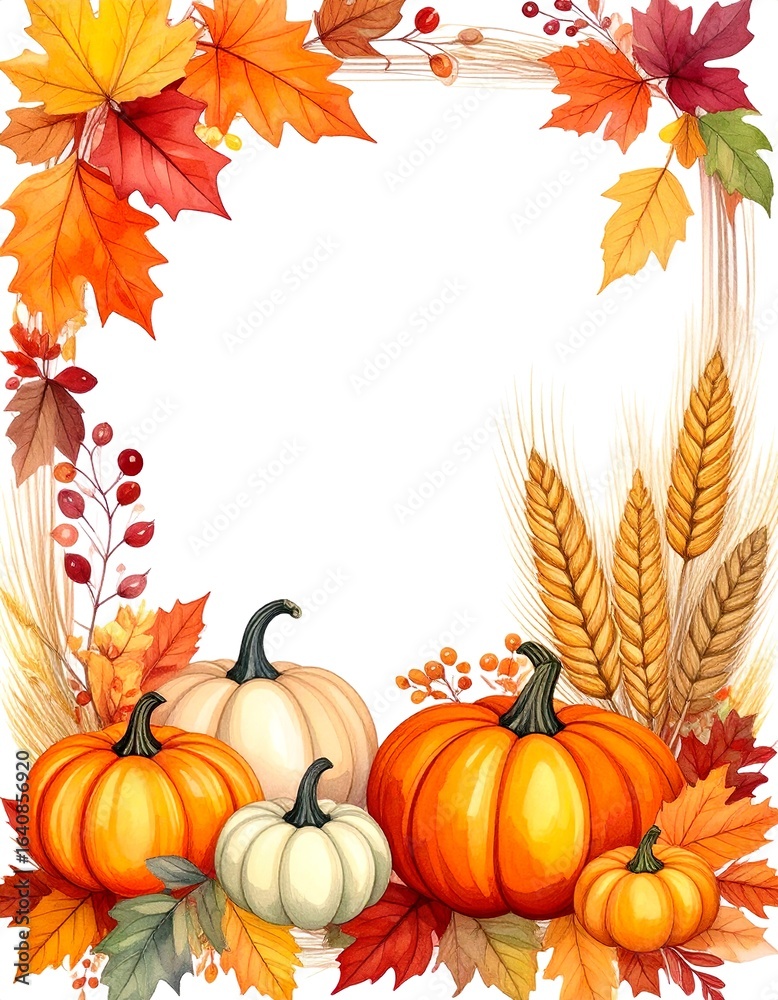 Fototapeta premium Thanksgiving Autumn Leaves Border with Pumpkins and Wheat