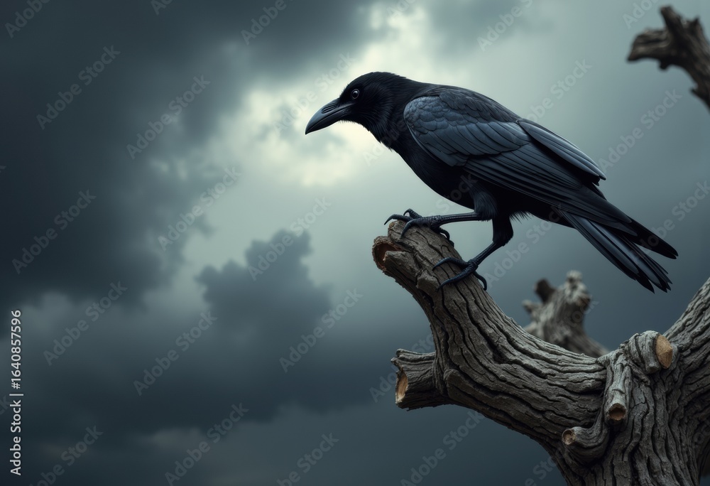 Fototapeta premium A black crow is perched on a gnarled tree branch against a moody, cloudy sky background. 