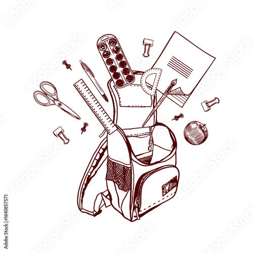 School backpack with notebook, pen, pencil, paints, brush, rulers, scissors. Hand drawn vector clip art stationery in graphics for covers and banners.