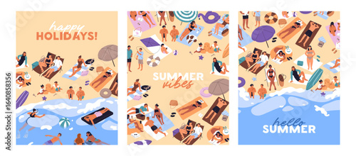 Set of posters designs with people sunbathing on beach. Cards with tourists swimming in ocean, relaxing on coast on summer vacations. Layouts with top view of sea resort. Flat vector illustrations