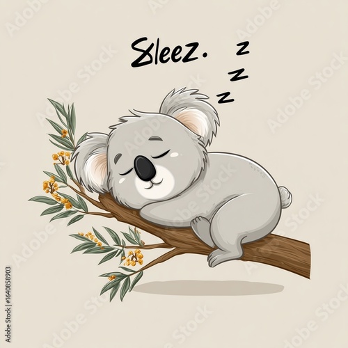 Cute sleeping koala vector icon in flat design with simple lines,soft grey fur, white belly, lying on one leg, adorable cartoon style for children, nature lovers, stickers, or logos.