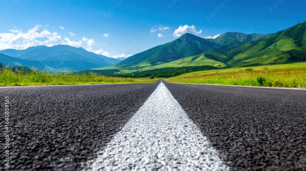 Fototapeta premium Scenic Highway Leading to Majestic Mountains Under a Clear Blue Sky, Representing Travel and Adventure