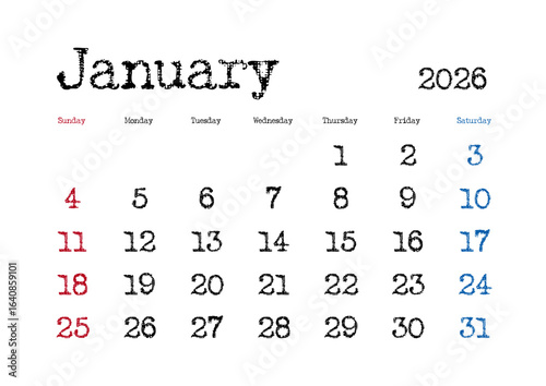 2026年1月のタイプライター文字カレンダー 日曜始まり 日本の祝日表記無し
