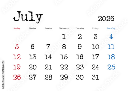2026年7月のタイプライター文字カレンダー 日曜始まり 日本の祝日表記無し