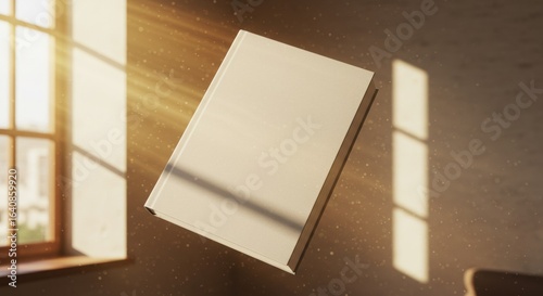 A blank hardcover book floats mysteriously in a sunlit room, illuminated by warm rays of light from a window.