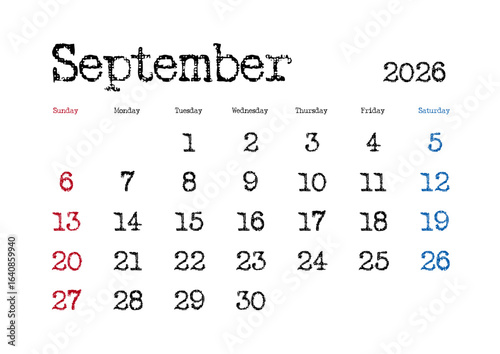 2026年9月のタイプライター文字カレンダー 日曜始まり 日本の祝日表記無し