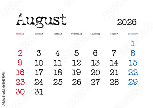 2026年8月のタイプライター文字カレンダー 日曜始まり 日本の祝日表記無し