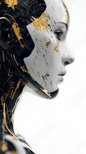 Intricate AI cyborg face with gold accents showcasing futuristic technology and digital innovation for modern design projects