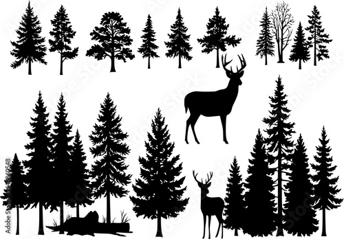 Black silhouette of wild forest woods animals deer and forest fir spruce trees