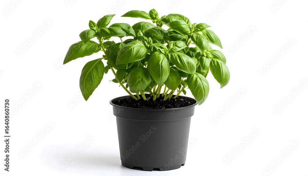 Obraz premium Fresh Basil Plant in a Black Pot with Isolated on White, and For Culinary Herbal Use.