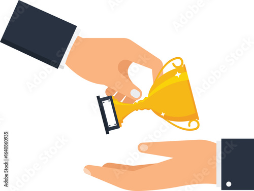 Award Handover: Golden Trophy Presented Between Hands, Business Success Concept, achievement award, leadership award, winner  trophy, prize giving, reward concept, best employee, top performer,