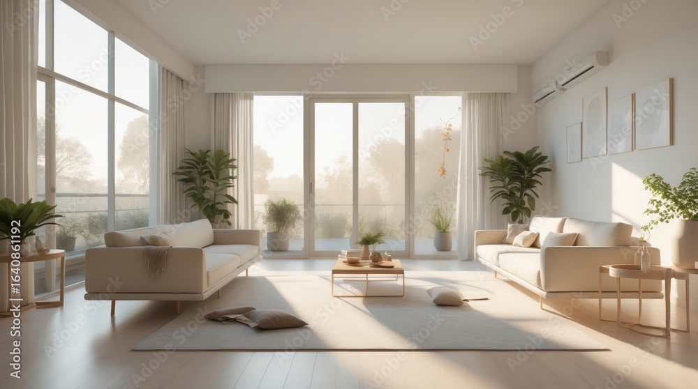 Fototapeta premium A bright living room features minimalist decor and large sunny today.