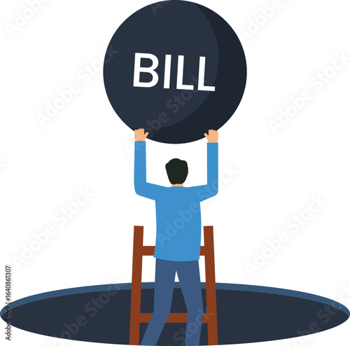 Man struggling with a large b,ill concept, climbing ladder, financial burden, debt concept,economic crisis, financial crisis, budget issues, payment due, unpaid bills, overdue bills, tax burden