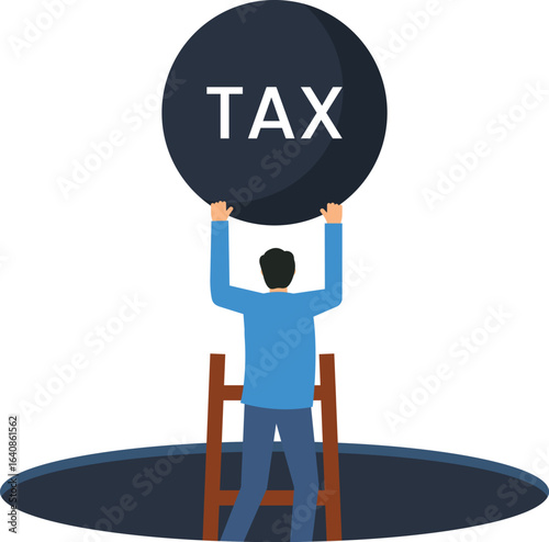 Man Struggles with Tax Burden: Conceptual Illustration of Financial Difficulty and Overwhelm,tax payment, tax relief, tax evasion, tax fraud, tax reform, tax policy, tax bracket, tax burden, tax liabi