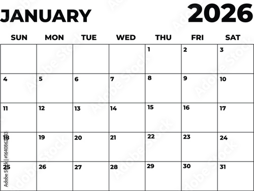Monthly Planner January 2026, Minimalist Black and White Calendar, Sunday Start Printable Calendar, Plain calendar, Dated Monthly Planner, Simple Monthly Organizer, Landscape Monthly Planner