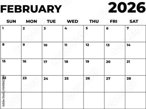 Monthly Planner February 2026, Minimalist Black and White Calendar, Sunday Start Printable Calendar, Plain calendar, Dated Monthly Planner, Simple Monthly Organizer, Landscape Monthly Planner