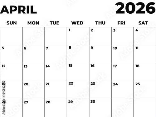 Monthly Planner April 2026, Minimalist Black and White Calendar, Sunday Start Printable Calendar, Plain calendar, Dated Monthly Planner, Simple Monthly Organizer, Landscape Monthly Planner