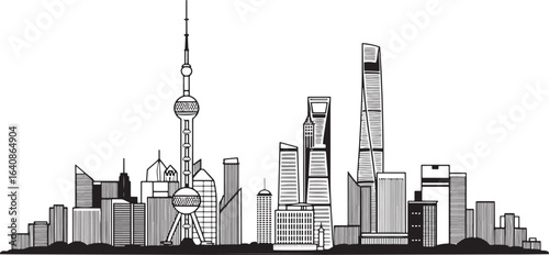 Shanghai China Skyline Silhouette Vector Illustration with Oriental Pearl Tower