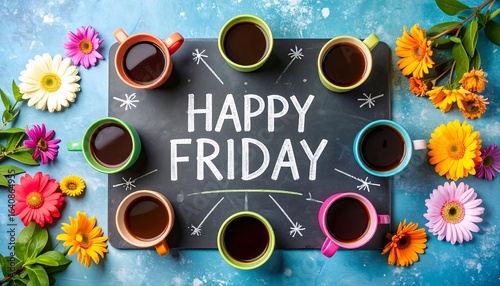 Coffee cups surrounding a chalkboard message of 