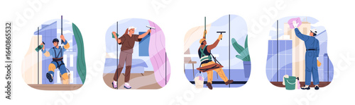 Set of workers washing windows of highrise building. Industrial climbing. Cleaning service cleaners wipe, clean glass inside and outside house. Flat isolated vector illustrations on white background