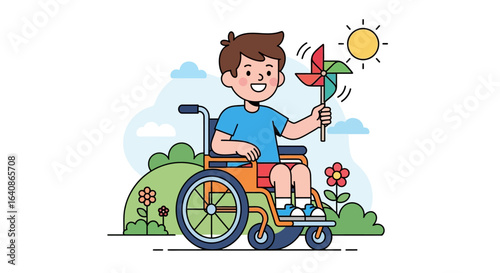 Illustration Vector of a Boy with a Pinwheel Sitting in a Wheelchair with Sun and Clouds Cartoon Illustration