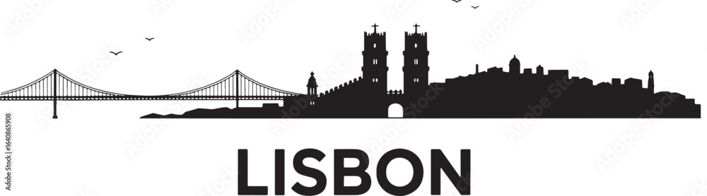 Fototapeta premium Lisbon Portugal Skyline Silhouette Vector Illustration with Bridge and Cityscape Landmarks