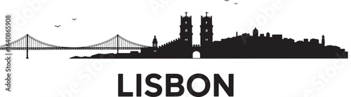 Lisbon Portugal Skyline Silhouette Vector Illustration with Bridge and Cityscape Landmarks