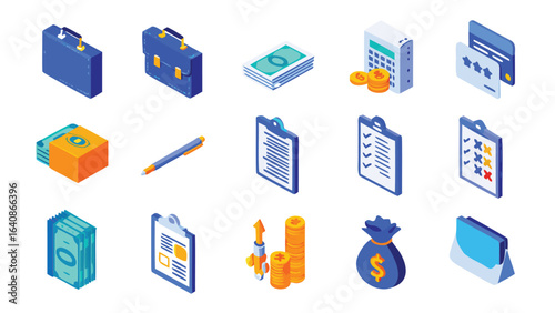Isometric business elements including briefcases money clipboards and a money bag in blue and yellow