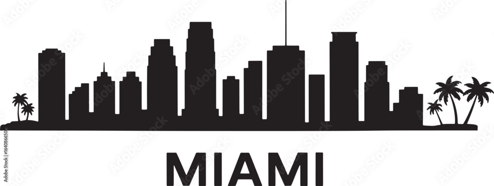 Naklejka premium Miami Skyline Silhouette Vector Illustration with City Name on Transparent Background