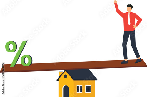 Mortgage Rate vs. Home Value Concept: Man on Teeter-Totter with House and Percentage Symbol, flat design, visually appealing, easily understandable, interest rates, business concept, finance topic,