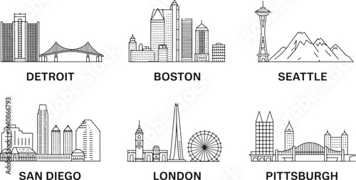Detailed City Skyline Outlines Featuring Detroit, Boston, Seattle, San Diego, London, and Pittsburgh