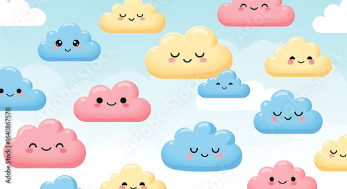 Cute cartoon-style clouds with soft rounded edges, smiling faces optional, perfect for children's design, books, or learning materials