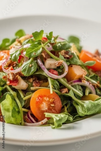 Fresh Salad with Tomatoes, Red Onion, and Greens on a White Plate