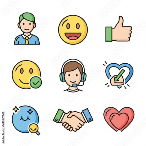 Smiling Customer Satisfaction Vector Icon Set With Happy Faces, Thumbs Up, Handshake, Heart Symbols, Flat Modern Style, Bright Colors, Clean Minimal Design
