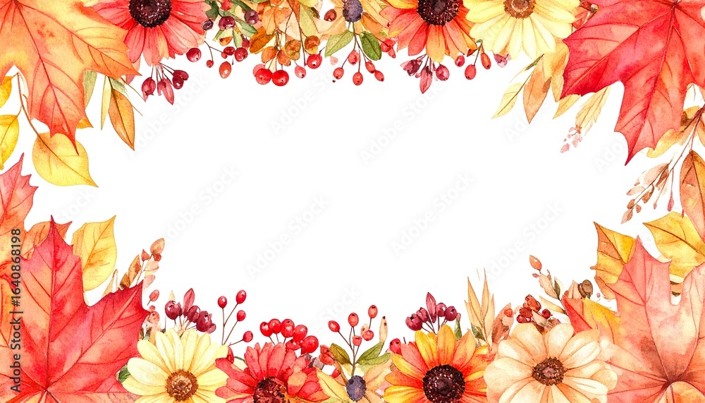 Obraz premium Watercolor Autumn Leaves Frame with Flowers and Berries