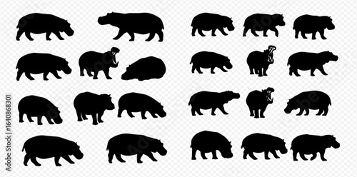 A collection of black hippopotamus silhouettes in various poses, including walking, standing, grazing, and with an open mouth.