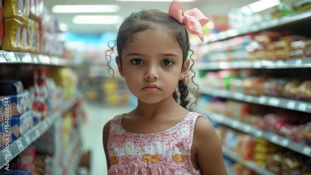 A young girl stands in an aisle of a grocery store, surrounded by shelves and products A young girl stands in an aisle of a grocery store, surrounded by shelves and products