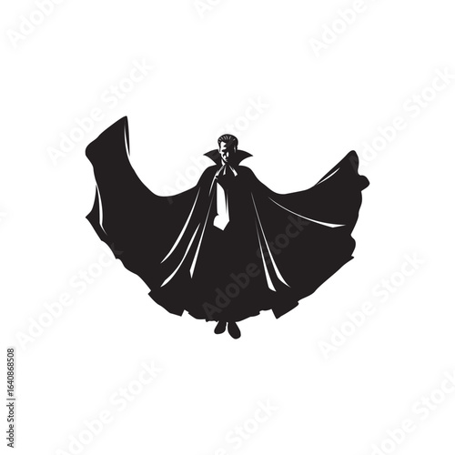 Flowing cape vampire vector illustration. Elegant Dracula figure with swirling cape in motion.