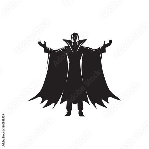 Vampire raising cape vector illustration. Gothic silhouette of Dracula lifting cape dramatically under moonlight.