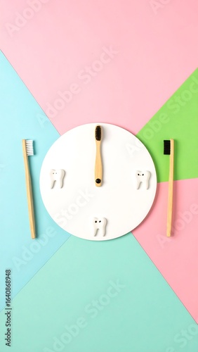 Colorful toothbrushes and teeth arranged as a clock