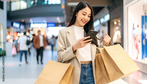 A young woman with long dark hair, wearing a light beige blazer and jeans, smiles while looking at her phone in a shopping mall, holding shopping bags.