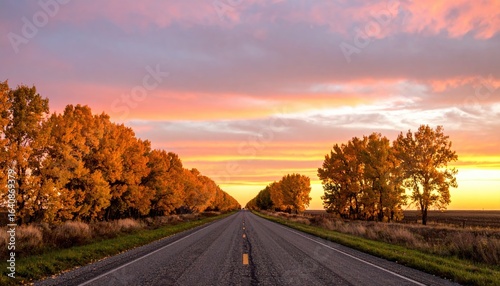 A paved road stretches into the distance, lined by golden autumn trees under a vibrant sunset sky.