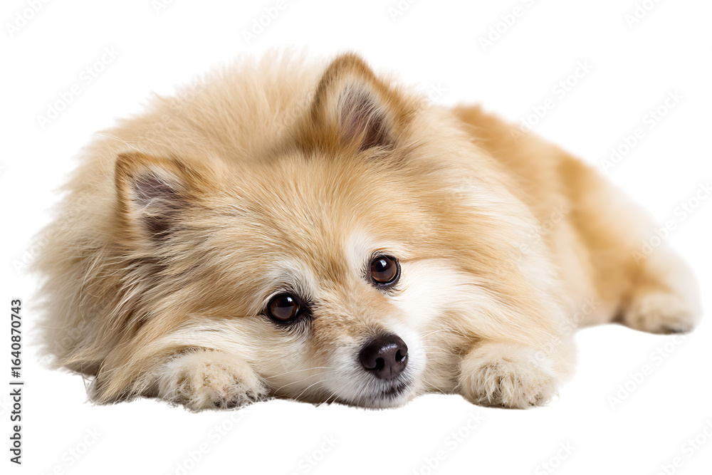 Obraz premium Cute Golden Pomeranian Dog Lying Down with Soft Fur and Beautiful Brown Eyes on White Background